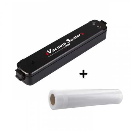 Aparate de vidat - Set aparat de sigilat si vidat VarioShop®, cu 1 rola de vidat, usor de utilizat, potrivit pentru carne, legume, fructe, 220V, 90W, 28 x 300 cm, Negru/Transparent