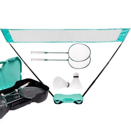 Sporturi de echipa - Set badminton portabil cu fileu, 2 rachete si 2 volane, stalpi telescopici si geanta de transport, montare rapida, 2.85 m