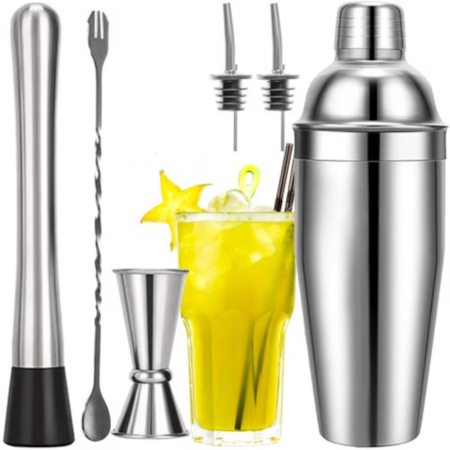 Articole pentru bauturi si cafele - Set barman 6 piese VarioShop®, shaker cocktail inox 700 ml, accesorii preparare cocktailuri si bauturi, kit barman pentru acasa, bar si petreceri