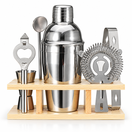 Articole pentru bauturi si cafele - Set barman VarioShop® 6 piese, pentru cocktailuri, bauturi alcoolice si nealcoolice, cu shaker si suport pentru accesorii, inox, argintiu