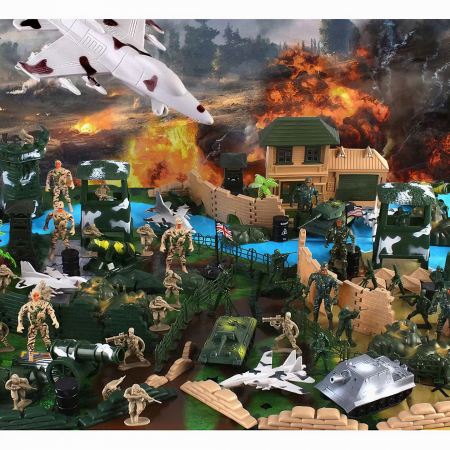 Set baza militara VarioShop®, 300 piese din plastic, geanta de depozitare cu fermoar inclusa, soldati, arme, tancuri, avion, tunuri, cladiri, sarma, copaci si multe alte accesorii, Dimensiuni 27 x 12 [2]