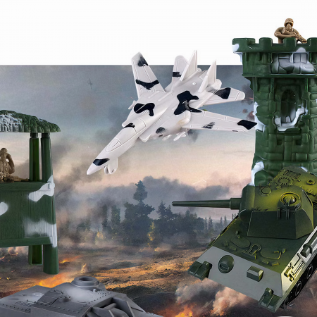 Set baza militara VarioShop®, 300 piese din plastic, geanta de depozitare cu fermoar inclusa, soldati, arme, tancuri, avion, tunuri, cladiri, sarma, copaci si multe alte accesorii, Dimensiuni 27 x 12 [4]