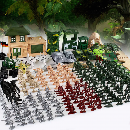 Set baza militara VarioShop®, 300 piese din plastic, geanta de depozitare cu fermoar inclusa, soldati, arme, tancuri, avion, tunuri, cladiri, sarma, copaci si multe alte accesorii, Dimensiuni 27 x 12 [5]