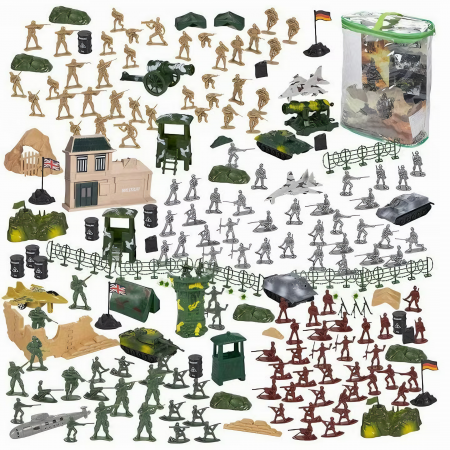 Set baza militara VarioShop®, 300 piese din plastic, geanta de depozitare cu fermoar inclusa, soldati, arme, tancuri, avion, tunuri, cladiri, sarma, copaci si multe alte accesorii, Dimensiuni 27 x 12 [16]