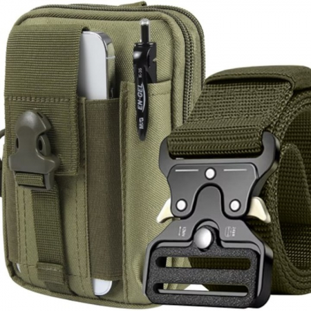 Borsete sport - Set borseta si centura militara pentru barbati VarioShop®, 2 compartimente, buzunar pentru telefon, rezistenta la apa, 13 x 5 x 17 cm, Verde