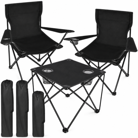 Scaune, mese si umbrele camping - Set camping VarioShop, pentru pescuit si excursii, 2 scaune pliabile si masa, cotiere reglabile, huse transport, Oxford 600D, 46×46×45 cm, negru