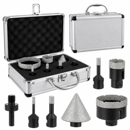 Seturi si accesorii pentru gaurit si insurubat - Set carote diamantate VarioShop®, 5 bucati, M14, diametre 6/8/10/35/68 mm, freza conica 2-50 mm, strat diamantat 15 mm, adaptor si valiza inclusa