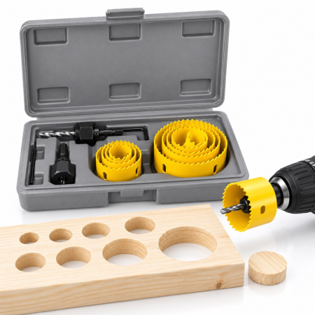 Seturi si accesorii pentru gaurit si insurubat - Set carote VarioShop® 11 piese, 19–64 mm, pentru lemn moale, din otel carbon, cu 8 carote, 2 adaptoare, cheie imbus si geanta de transport, utilizare in tamplarie, montaj si bricolaj