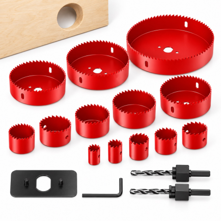 Seturi si accesorii pentru gaurit si insurubat - Set carote pentru lemn 16 piese VarioShop®, pentru decupaje circulare in lemn, 12 diametre 19-127 mm, otel calit, 2 adaptoare, cheie imbus si cutie de depozitare