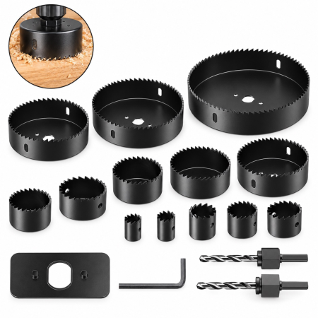 Seturi si accesorii pentru gaurit si insurubat - Set carote VarioShop® 16 piese, 19-127 mm, pentru lemn, gips-carton si materiale plastice, din otel calit, 12 carote, 2 adaptoare, cheie imbus, cutie de depozitare, pentru montaj si renovari