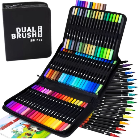 Set complet 100 markere cu varf dublu VarioShop®, fata-verso cu pensula flexibila si varf fin, pixuri colorate pe baza de apa, dublu varf 1 mm + 4 mm, pigment intens, culori vibrante pentru desen arti