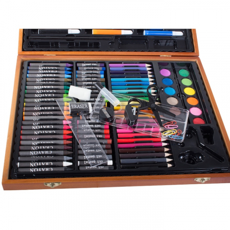 Set Complet pentru Desenat si Pictat pentru Copii VarioShop®, 150 de Elemente, Trusa Depozitare din Lemn, Multicolor [6]