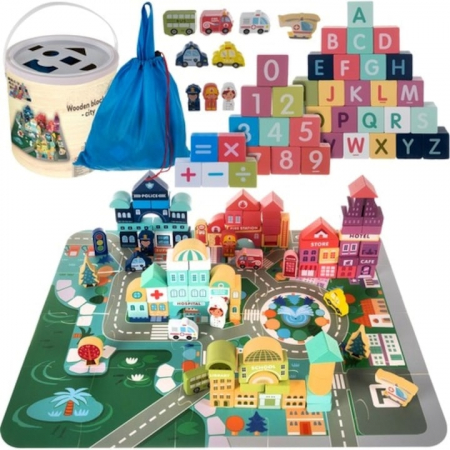 Cuburi si caramizi - Set Constructie Cuburi din Lemn Natural VarioShop®, 100 Piese "Oraselul din Lemn", Saltea Puzzle, Dezvoltare Inteligenta si Indemanarea pentru Copii, Husa pentru Depozitare, Nontoxic