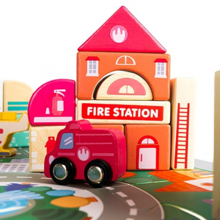 Set Constructie Cuburi din Lemn Natural VarioShop®, 115 Piese "Oraselul din Lemn", Saltea Puzzle, Dezvolta Inteligenta si Indemanarea Copiilor, Educatie prin Joaca, Nontoxic [15]