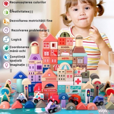 Set Constructie Cuburi din Lemn Natural VarioShop®, 115 Piese "Oraselul din Lemn", Saltea Puzzle, Dezvolta Inteligenta si Indemanarea Copiilor, Educatie prin Joaca, Nontoxic [1]