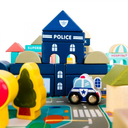 Set Constructie Cuburi din Lemn Natural VarioShop®, 115 Piese "Oraselul din Lemn", Saltea Puzzle, Dezvolta Inteligenta si Indemanarea Copiilor, Educatie prin Joaca, Nontoxic [10]