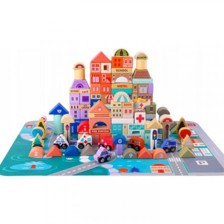 Set Constructie Cuburi din Lemn Natural VarioShop®, 115 Piese "Oraselul din Lemn", Saltea Puzzle, Dezvolta Inteligenta si Indemanarea Copiilor, Educatie prin Joaca, Nontoxic [4]