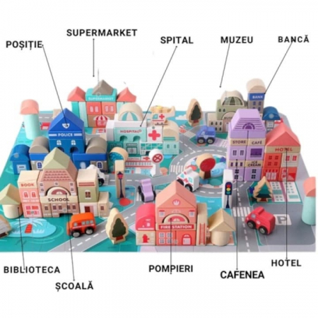 Set Constructie Cuburi din Lemn Natural VarioShop®, 115 Piese "Oraselul din Lemn", Saltea Puzzle, Dezvolta Inteligenta si Indemanarea Copiilor, Educatie prin Joaca, Nontoxic [2]