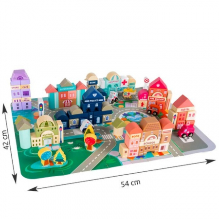 Set Constructie Cuburi din Lemn Natural VarioShop®, 115 Piese "Oraselul din Lemn", Saltea Puzzle, Dezvolta Inteligenta si Indemanarea Copiilor, Educatie prin Joaca, Nontoxic [3]
