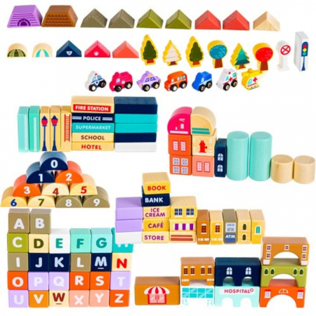Set Constructie Cuburi din Lemn Natural VarioShop®, 115 Piese "Oraselul din Lemn", Saltea Puzzle, Dezvolta Inteligenta si Indemanarea Copiilor, Educatie prin Joaca, Nontoxic [16]