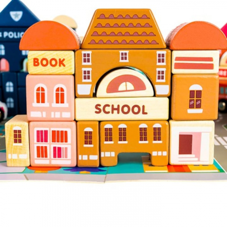 Set Constructie Cuburi din Lemn Natural VarioShop®, 115 Piese "Oraselul din Lemn", Saltea Puzzle, Dezvolta Inteligenta si Indemanarea Copiilor, Educatie prin Joaca, Nontoxic [8]