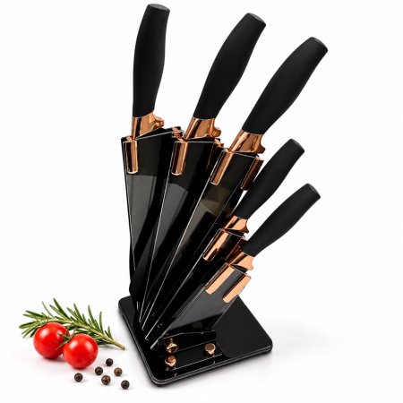 Cutite, curatatoare si feliatoare - Set cutite de bucatarie VarioShop®, 6 piese, pentru legume, carne, paine si fructe, cu suport inclus, negru