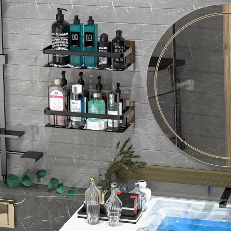 Set de 2 rafturi de baie VarioShop®, de dus, suspendate, cu ventuza, 30x13x5cm, negru [5]