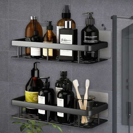 Set de 2 rafturi de baie VarioShop®, de dus, suspendate, cu ventuza, 30x13x5cm, negru [2]