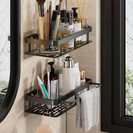 Set de 2 rafturi de baie VarioShop®, de dus, suspendate, cu ventuza, 30x13x5cm, negru [3]