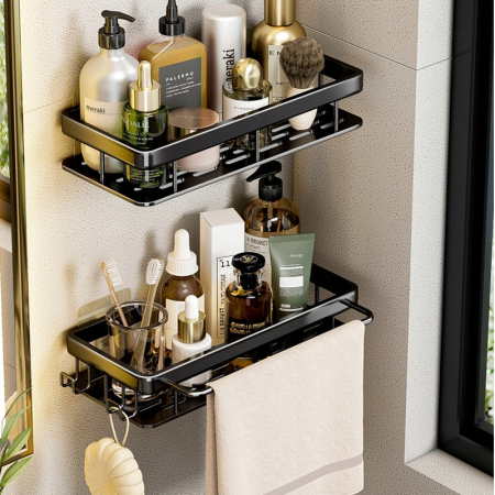 Set de 2 rafturi de baie VarioShop®, de dus, suspendate, cu ventuza, 30x13x5cm, negru [10]