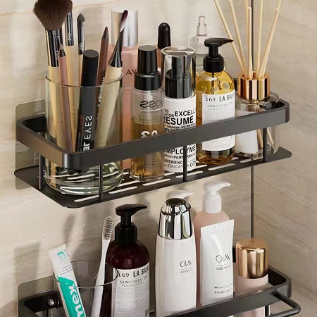 Set de 2 rafturi de baie VarioShop®, de dus, suspendate, cu ventuza, 30x13x5cm, negru [1]