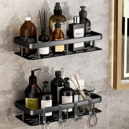 Set de 2 rafturi de baie VarioShop®, de dus, suspendate, cu ventuza, 30x13x5cm, negru [13]