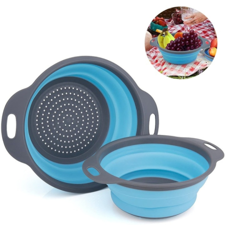 Ustensile pentru gatit - Set de 2 strecuratoare rotunde pliabile din silicon VarioShop®, design inteligent si economisitor de spatiu, perfect pentru bucatarii mici, excursii si gospodarii moderne, Gri/Albastru