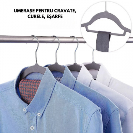 Set de 20 umerase din catifea VarioShop® cu carlig rotativ 360°, design rotunjit pentru protectia umerilor hainelor, ideal pentru camasi, paltoane, jachete si costume, dimensiuni 45x23 cm, culoare gri [24]