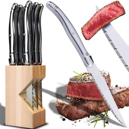 Casa & Bucatarie - Set de 6 cutite pentru friptura VarioShop®, cu bloc din lemn, lame zimtate din otel inoxidabil, maner ergonomic, lungime 23 cm, ideal pentru carne, paine, pizza, fructe