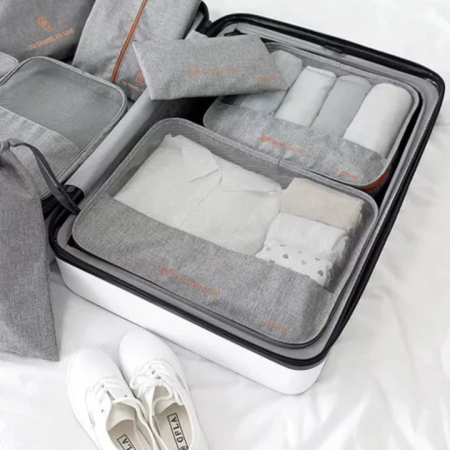Set de 7 organizatoare de calatorie VarioShop, pentru produse cosmetice, imbracaminte, incaltaminte, accesorii electronice, material impermeabil, economisire spatiu, Gri [2]