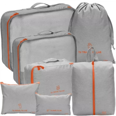 Organizatoare imbracaminte si incaltaminte - Set de 7 organizatoare de calatorie VarioShop, pentru produse cosmetice, imbracaminte, incaltaminte, accesorii electronice, material impermeabil, economisire spatiu, Gri
