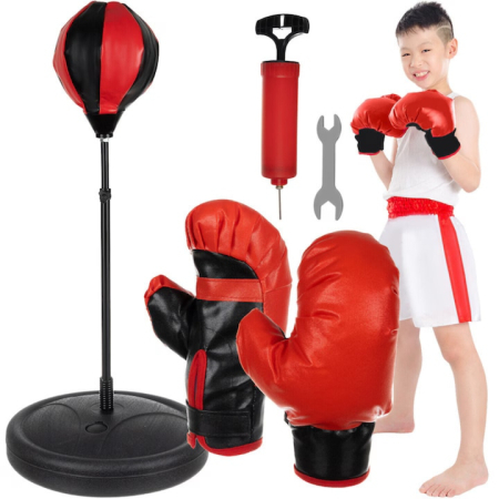 Set de box pentru copii VarioShop®, Set 2 manusi, Sac de box cu picior metalic si suport, Pompa inclusa, Inaltime reglabila 70-104 cm, Rosu/Negru