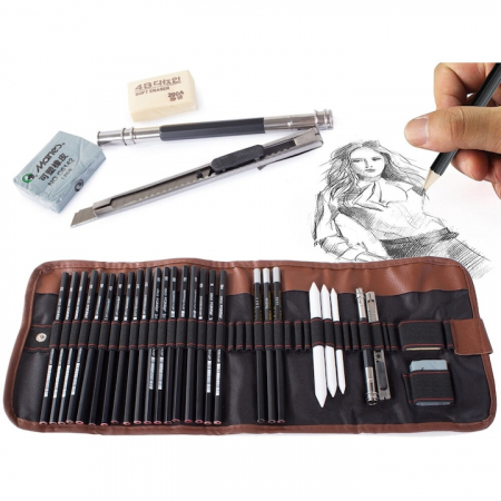 Set de instrumente pentru schite VarioShop®, din 29 piese, include creioane si carbune din lemn natural, cu husa pentru depozitare pliabila, Negru/Maro [8]