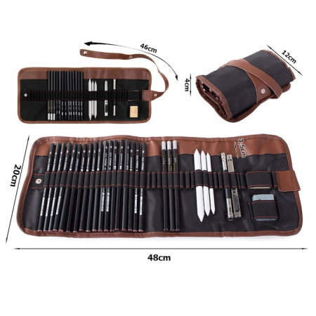 Set de instrumente pentru schite VarioShop®, din 29 piese, include creioane si carbune din lemn natural, cu husa pentru depozitare pliabila, Negru/Maro [17]