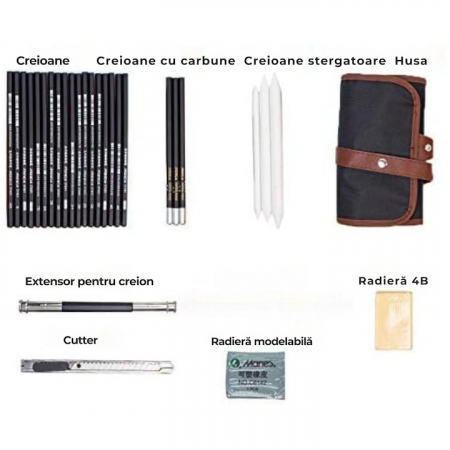 Set de instrumente pentru schite VarioShop®, din 29 piese, include creioane si carbune din lemn natural, cu husa pentru depozitare pliabila, Negru/Maro [2]