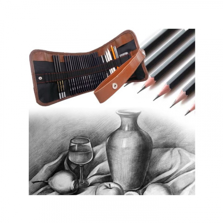 Set de instrumente pentru schite VarioShop®, din 29 piese, include creioane si carbune din lemn natural, cu husa pentru depozitare pliabila, Negru/Maro [10]