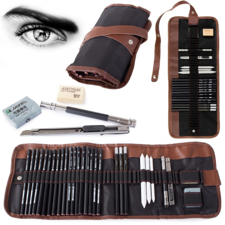 Set de instrumente pentru schite VarioShop®, din 29 piese, include creioane si carbune din lemn natural, cu husa pentru depozitare pliabila, Negru/Maro [15]