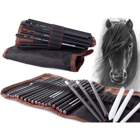 Set de instrumente pentru schite VarioShop®, din 29 piese, include creioane si carbune din lemn natural, cu husa pentru depozitare pliabila, Negru/Maro [5]
