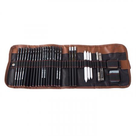 Copii - Set de instrumente pentru schite VarioShop®, din 29 piese, include creioane si carbune din lemn natural, cu husa pentru depozitare pliabila, Negru/Maro