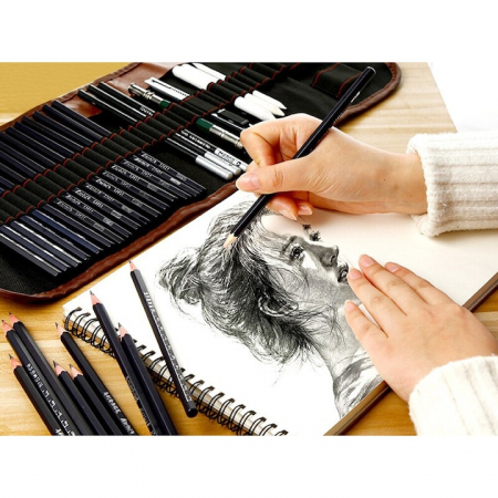 Set de instrumente pentru schite VarioShop®, din 29 piese, include creioane si carbune din lemn natural, cu husa pentru depozitare pliabila, Negru/Maro [9]