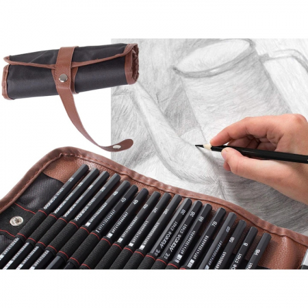 Set de instrumente pentru schite VarioShop®, din 29 piese, include creioane si carbune din lemn natural, cu husa pentru depozitare pliabila, Negru/Maro [12]