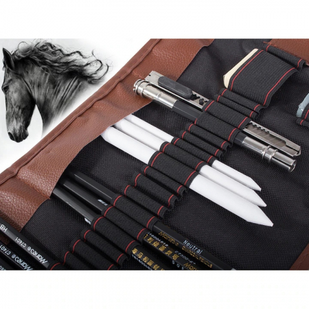 Set de instrumente pentru schite VarioShop®, din 29 piese, include creioane si carbune din lemn natural, cu husa pentru depozitare pliabila, Negru/Maro [11]