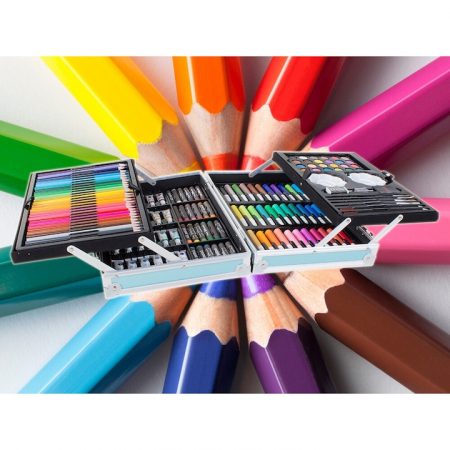 Set de pictura si desen pentru copii VarioShop®, 145 de piese, Cutie metalica, Albastru [11]