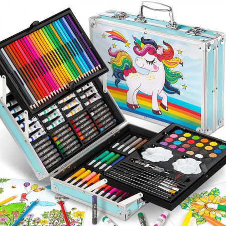 Copii - Set de pictura si desen pentru copii VarioShop®, 145 de piese, Cutie metalica, Albastru